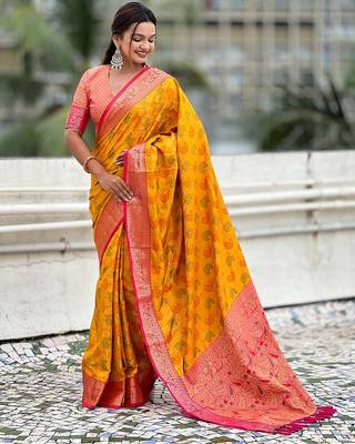 Mustard woven self design silk blend patola saree with blouse 3