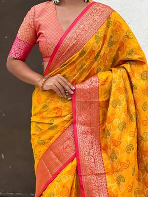 Mustard woven self design silk blend patola saree with blouse 4