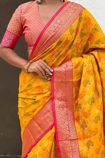 Mustard woven self design silk blend patola saree with blouse