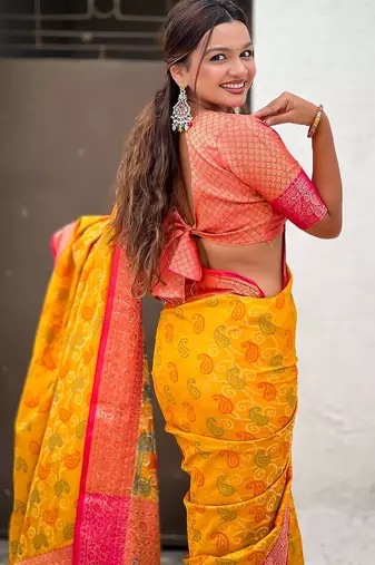 Mustard woven self design silk blend patola saree with blouse
