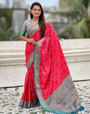 Pink woven self design silk blend patola saree with blouse 1