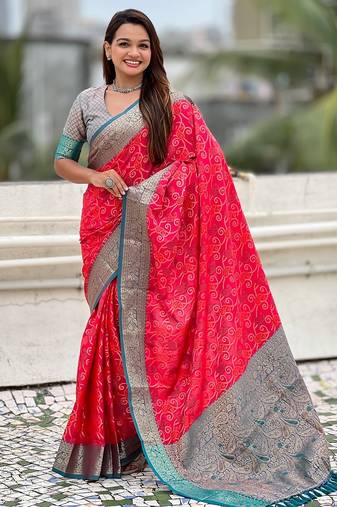 Pink woven self design silk blend patola saree with blouse