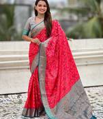Pink woven self design silk blend patola saree with blouse