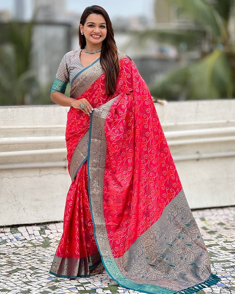 Pink woven self design silk blend patola saree with blouse