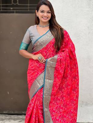 Pink woven self design silk blend patola saree with blouse 2