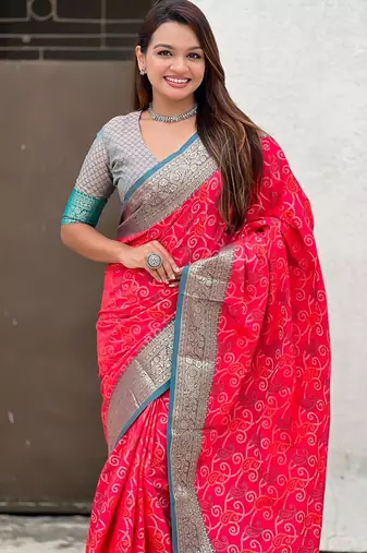 Pink woven self design silk blend patola saree with blouse