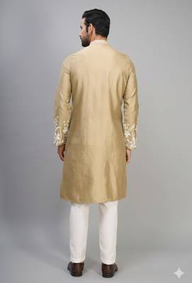 men’s chiku silk kurta pant set with floral embroidery 2
