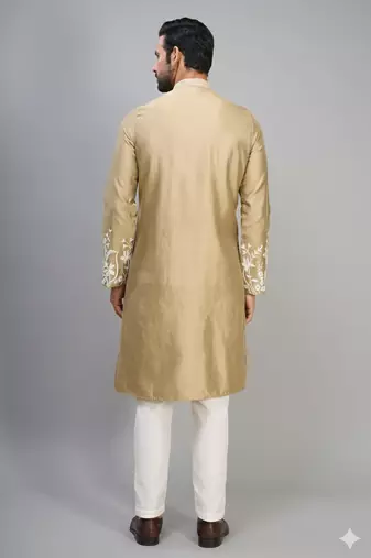 men’s chiku silk kurta pant set with floral embroidery
