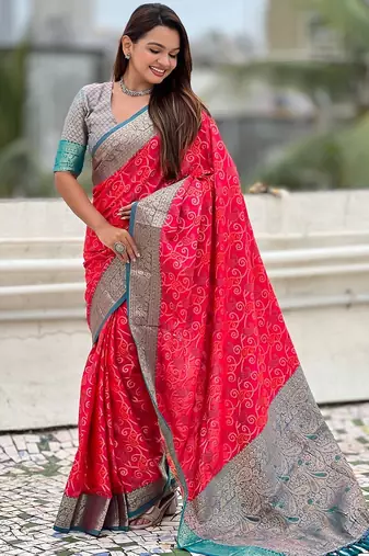 Pink woven self design silk blend patola saree with blouse