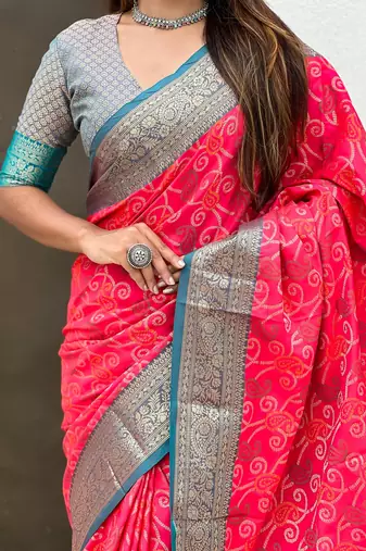 Pink woven self design silk blend patola saree with blouse