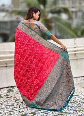 Pink woven self design silk blend patola saree with blouse 5