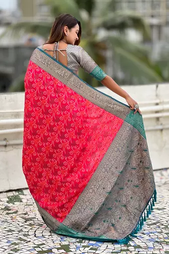 Pink woven self design silk blend patola saree with blouse