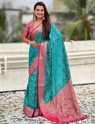 Sky blue woven self design silk blend patola saree with blouse 1