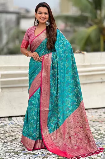 Sky blue woven self design silk blend patola saree with blouse
