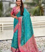 Sky blue woven self design silk blend patola saree with blouse