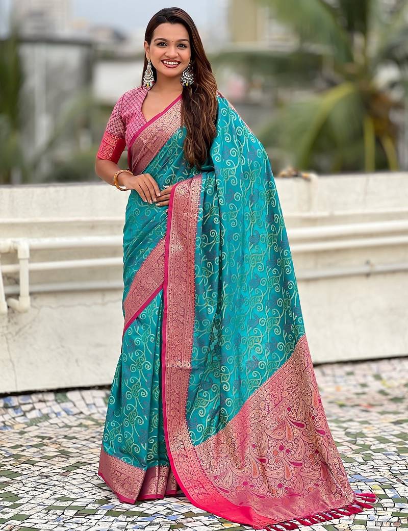Sky blue woven self design silk blend patola saree with blouse