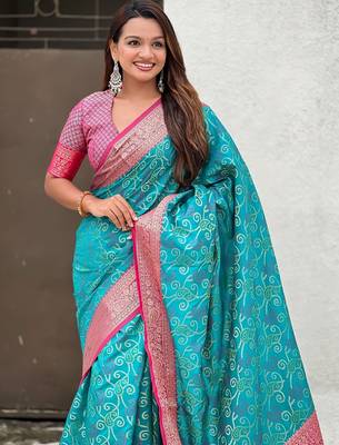 Sky blue woven self design silk blend patola saree with blouse 2
