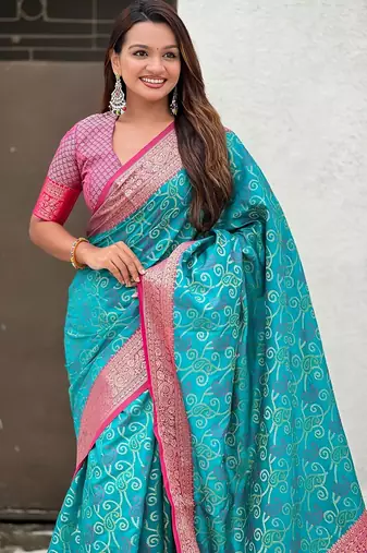 Sky blue woven self design silk blend patola saree with blouse