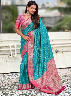 Sky blue woven self design silk blend patola saree with blouse 3