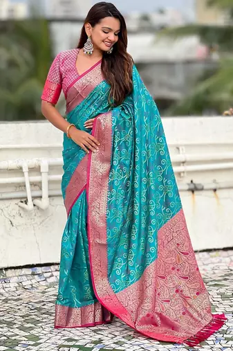 Sky blue woven self design silk blend patola saree with blouse