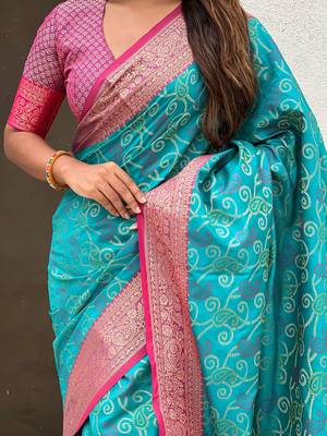 Sky blue woven self design silk blend patola saree with blouse 4