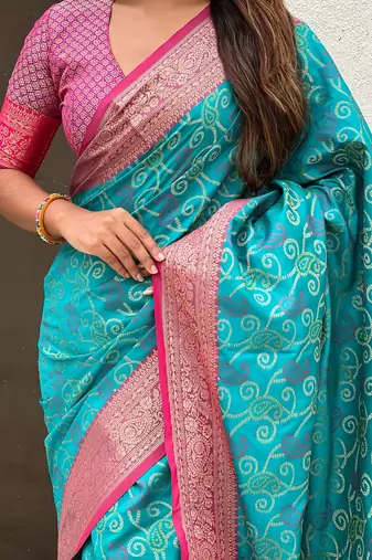 Sky blue woven self design silk blend patola saree with blouse