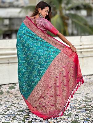 Sky blue woven self design silk blend patola saree with blouse 5