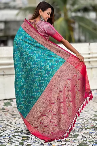 Sky blue woven self design silk blend patola saree with blouse