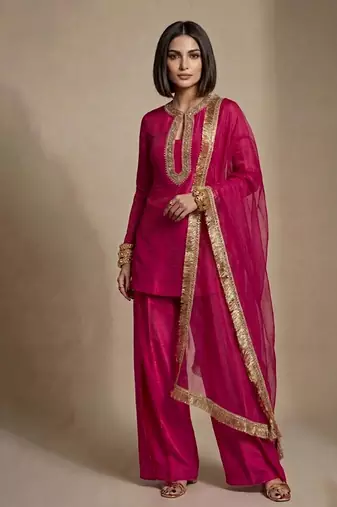 Pink embroidered raw silk kurta set