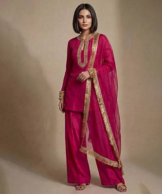 Pink embroidered raw silk kurta set 1