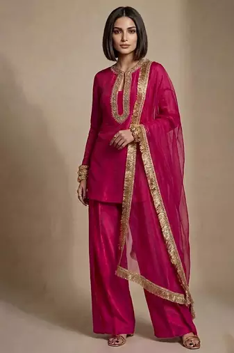 Pink embroidered raw silk kurta set
