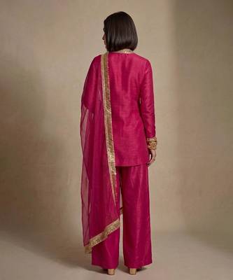 Pink embroidered raw silk kurta set 2