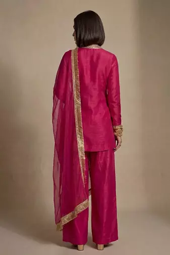 Pink embroidered raw silk kurta set