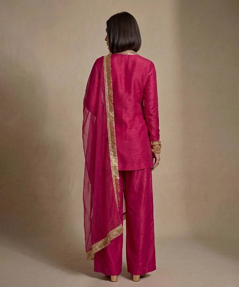 Pink embroidered raw silk kurta set