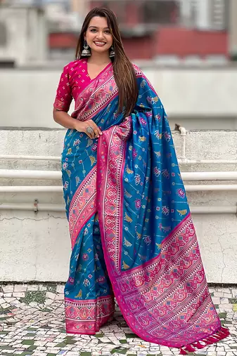 Blue woven self design silk blend patola saree with blouse