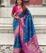 Blue woven self design silk blend patola saree with blouse