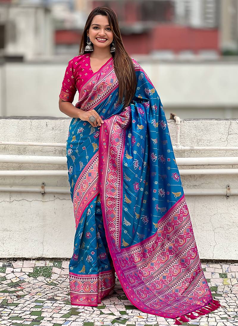 Blue woven self design silk blend patola saree with blouse