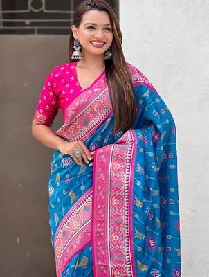 Blue woven self design silk blend patola saree with blouse 2