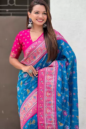 Blue woven self design silk blend patola saree with blouse