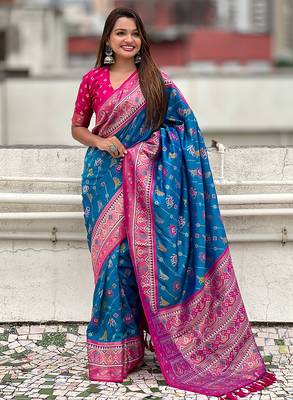 Blue woven self design silk blend patola saree with blouse 3
