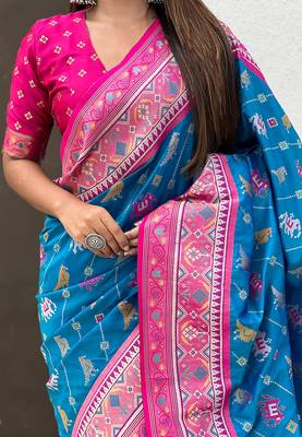 Blue woven self design silk blend patola saree with blouse 4