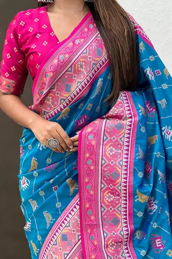 Blue woven self design silk blend patola saree with blouse