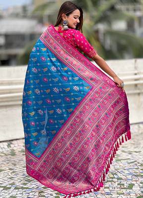 Blue woven self design silk blend patola saree with blouse 5
