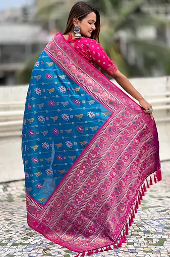 Blue woven self design silk blend patola saree with blouse