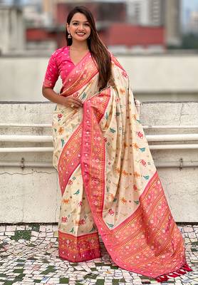 Cream woven self design silk blend patola saree with blouse 1