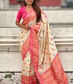 Cream woven self design silk blend patola saree with blouse