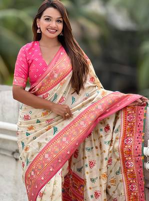 Cream woven self design silk blend patola saree with blouse 2