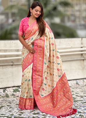Cream woven self design silk blend patola saree with blouse 3