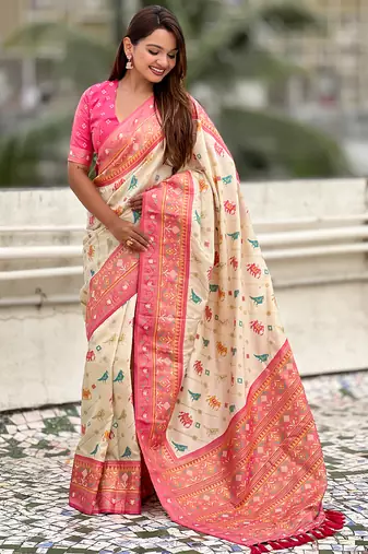Cream woven self design silk blend patola saree with blouse