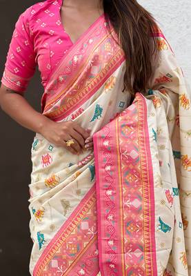 Cream woven self design silk blend patola saree with blouse 4